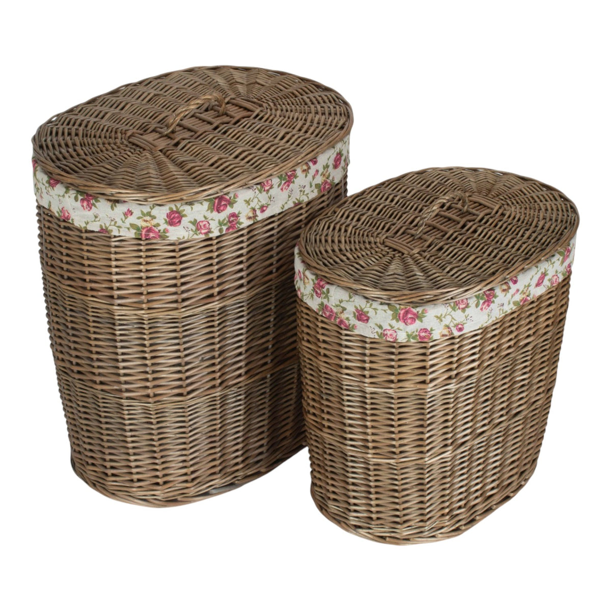 Antique Wash Garden Rose Cotton Lined Oval Willow Laundry Basket