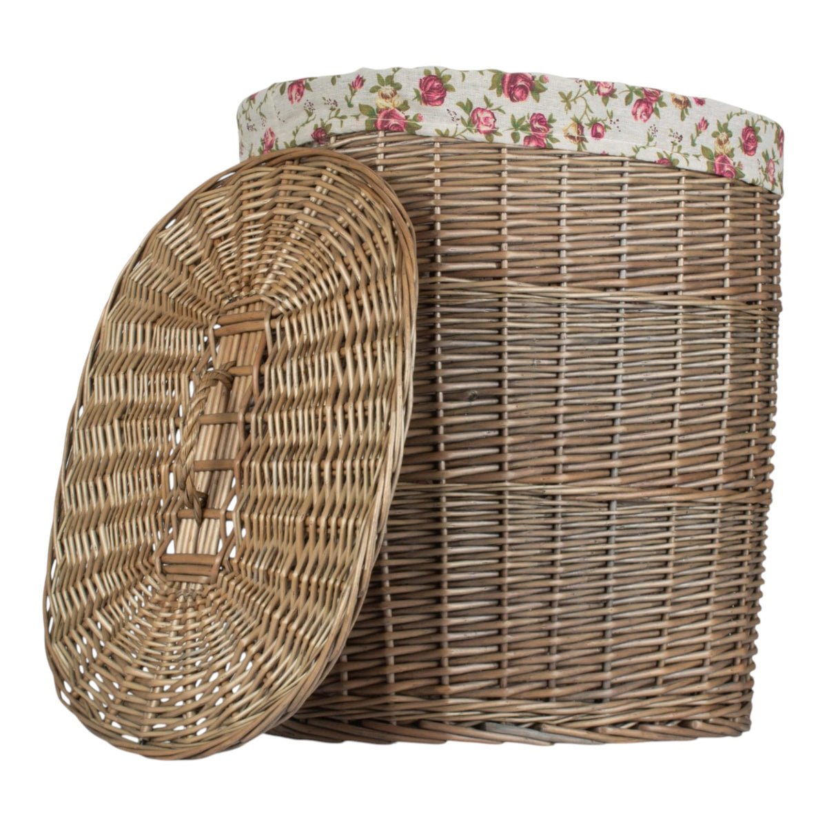 Antique Wash Garden Rose Cotton Lined Oval Willow Laundry Basket