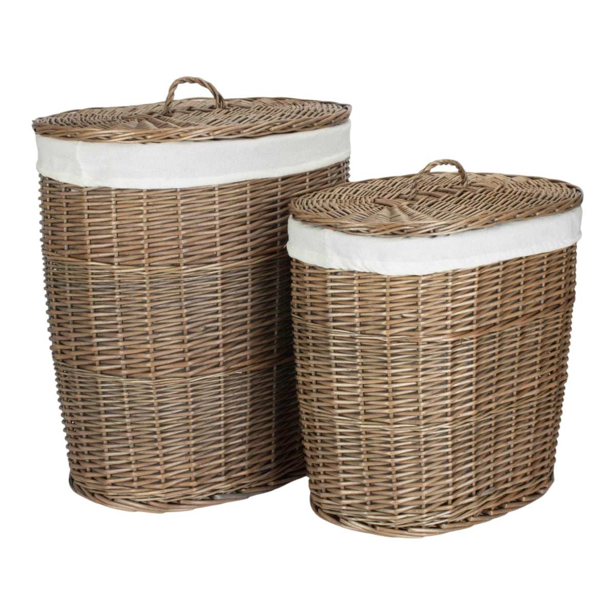 Antique Wash White Cotton Lined Oval Willow Laundry Basket
