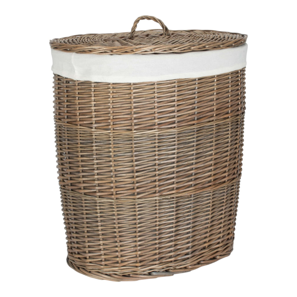 Antique Wash White Cotton Lined Oval Willow Laundry Basket
