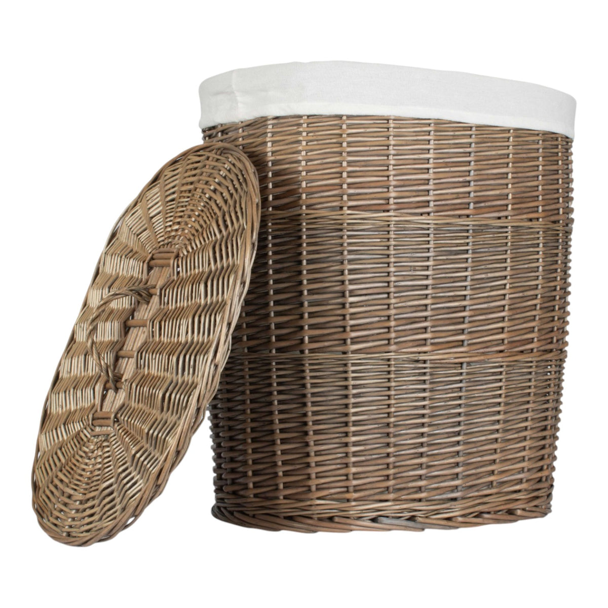 Antique Wash White Cotton Lined Oval Willow Laundry Basket