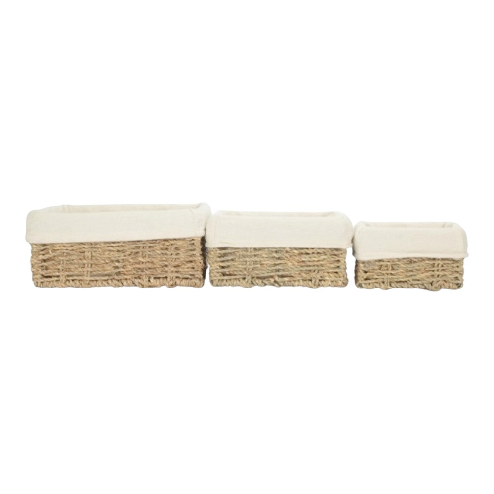 Set of 3 Rectangular Cotton Lined Seagrass Trays