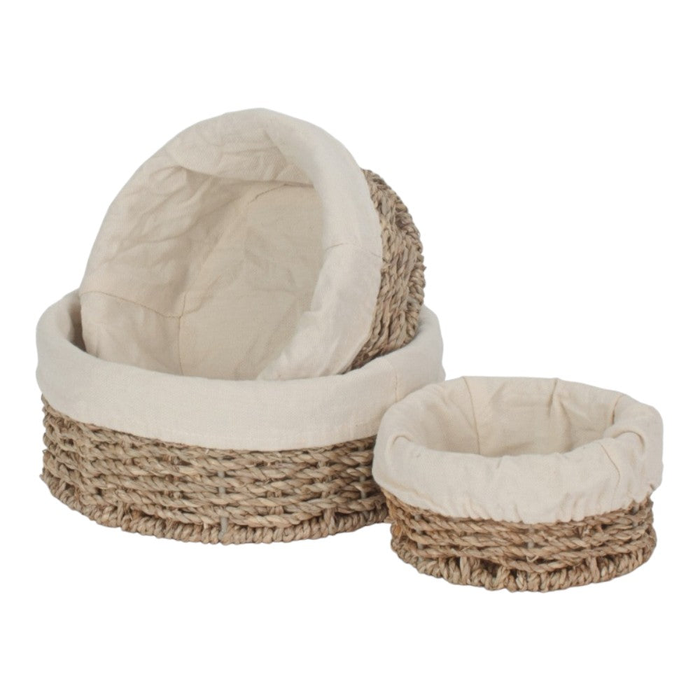 Set of 3 Round Cotton Lined Seagrass Trays