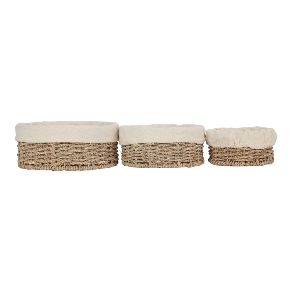 Set of 3 Round Cotton Lined Seagrass Trays