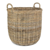 Grand panier à bûches rond en rotin gris au coin du feu