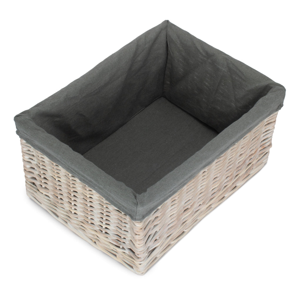 White Wash Grey Lined Open Storage Basket