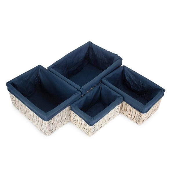 White Wash Navy Lined Open Storage Basket