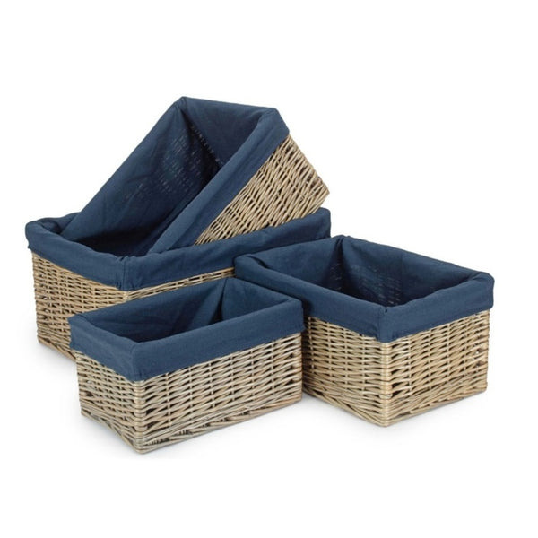 Antique Wash Navy Cotton Lined Willow Storage Basket