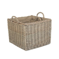 Antique Wash Square Hessian Lined Wicker Log Basket
