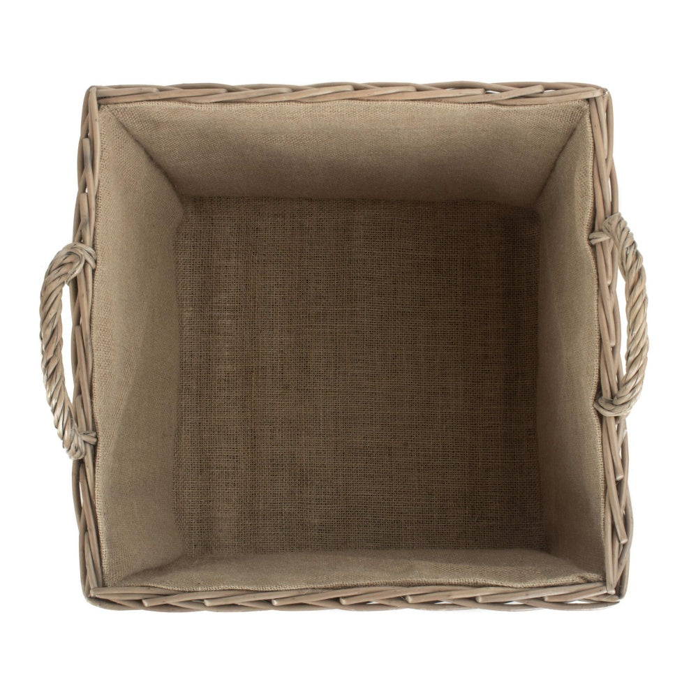 Antique Wash Square Hessian Lined Wicker Log Basket