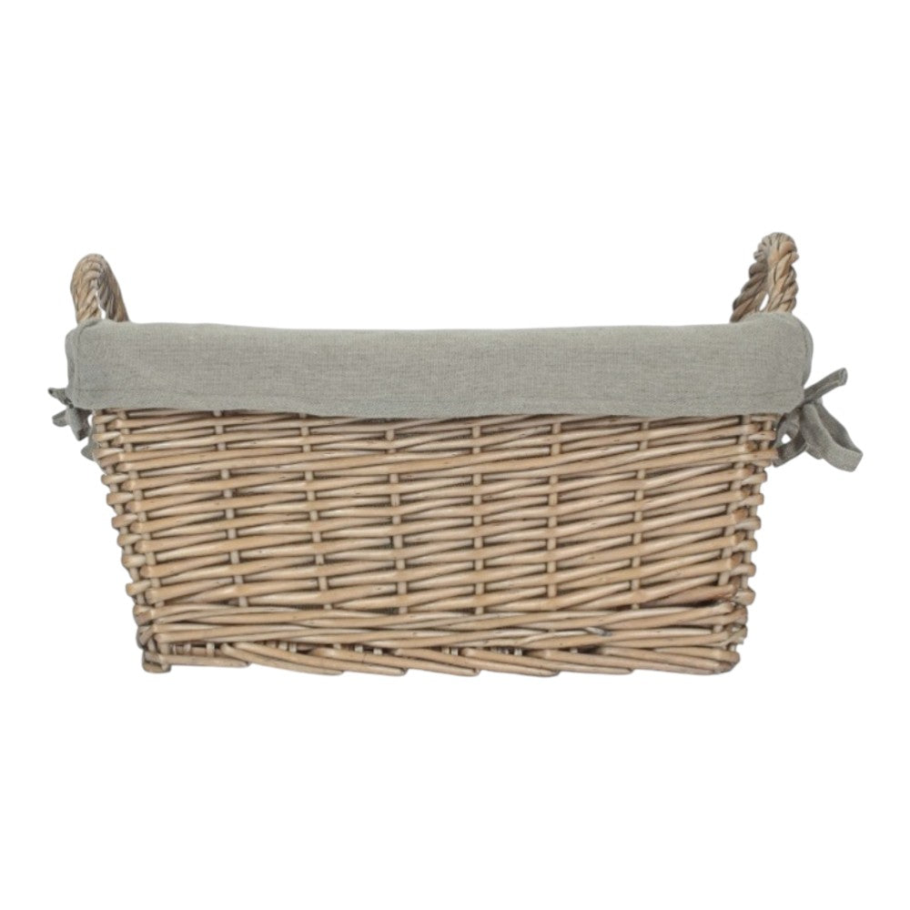 Wicker Antique Wash Finish Handled Grey Cotton Lining Storage Basket