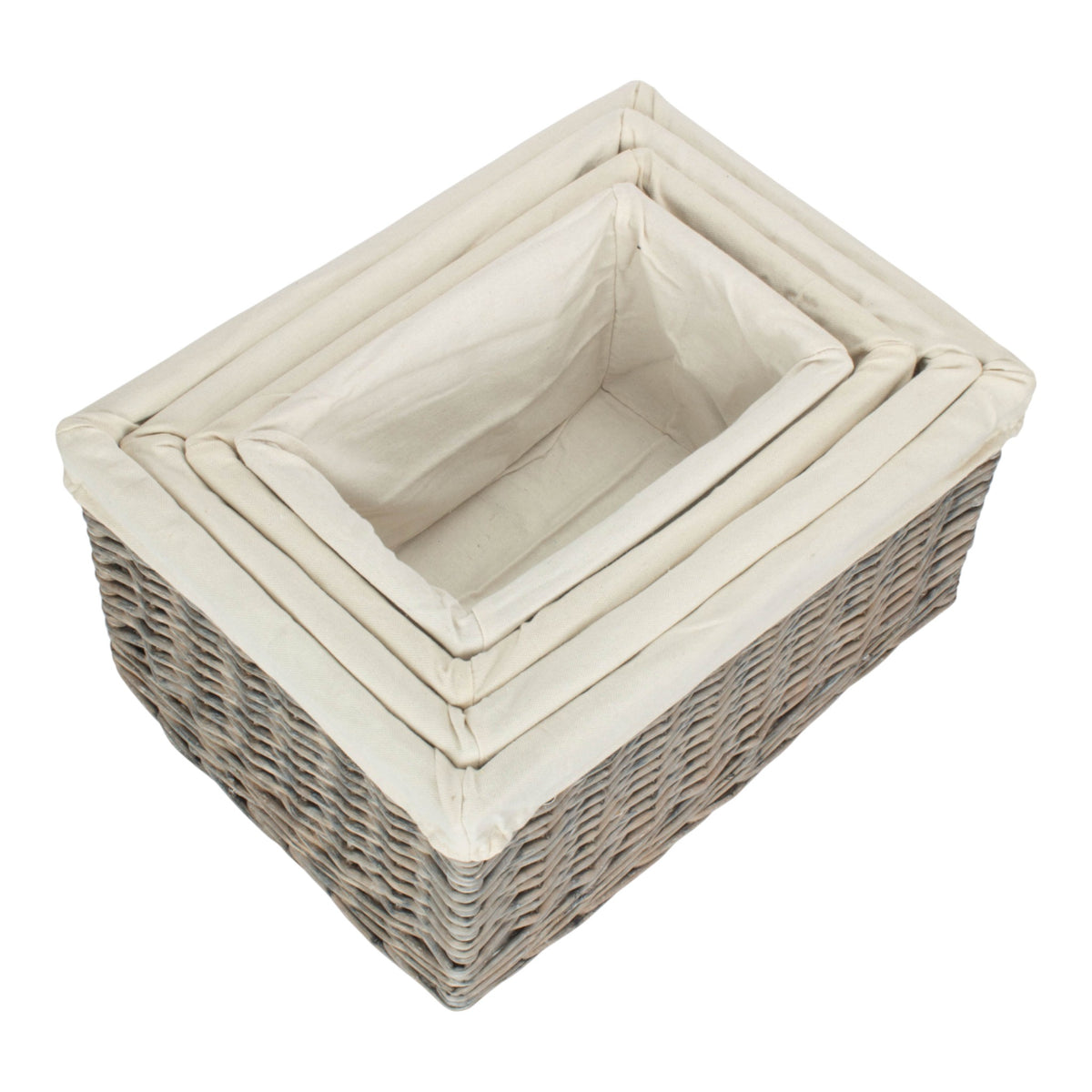 Grey Wash White Cotton Lined Willow Storage Baskets