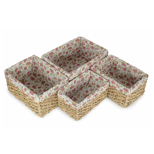 Thatch Grass Woven Storage Basket with Garden Rose Cotton Lining