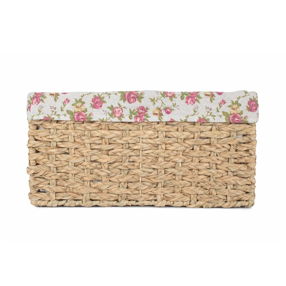 Thatch Grass Woven Storage Basket with Garden Rose Cotton Lining