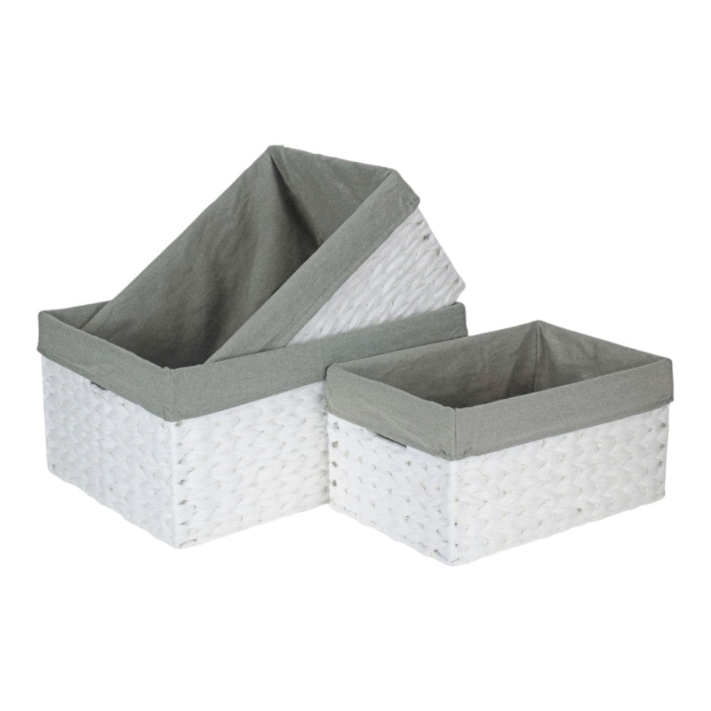 White Paper Rope Rectangular Storage Basket with Grey Cotton Lining