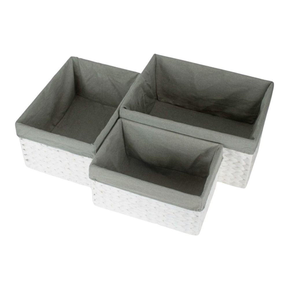 White Paper Rope Rectangular Storage Basket with Grey Cotton Lining