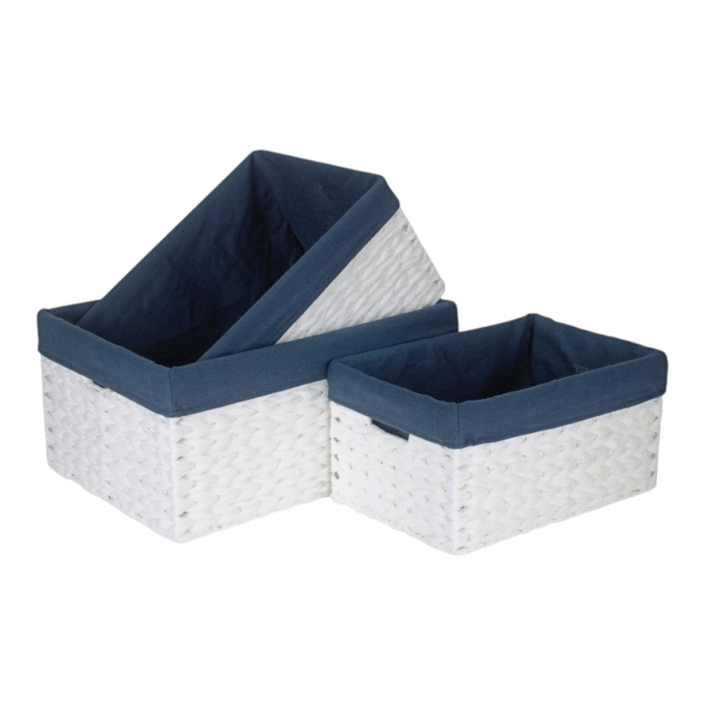 White Paper Rope Rectangular Storage Basket with Navy Blue Cotton Lining