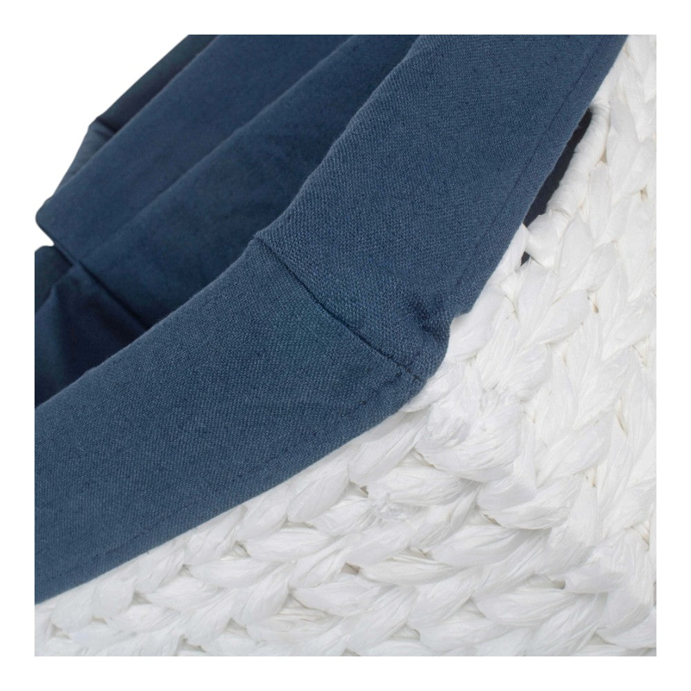 White Paper Rope Rectangular Storage Basket with Navy Blue Cotton Lining
