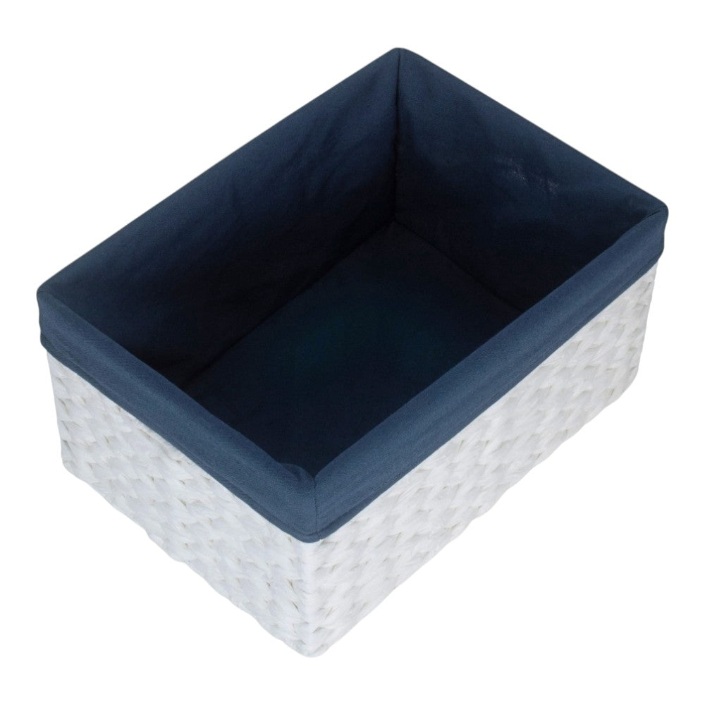 White Paper Rope Rectangular Storage Basket with Navy Blue Cotton Lining