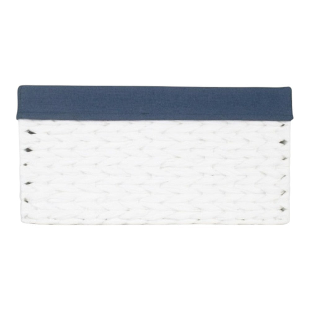 White Paper Rope Rectangular Storage Basket with Navy Blue Cotton Lining
