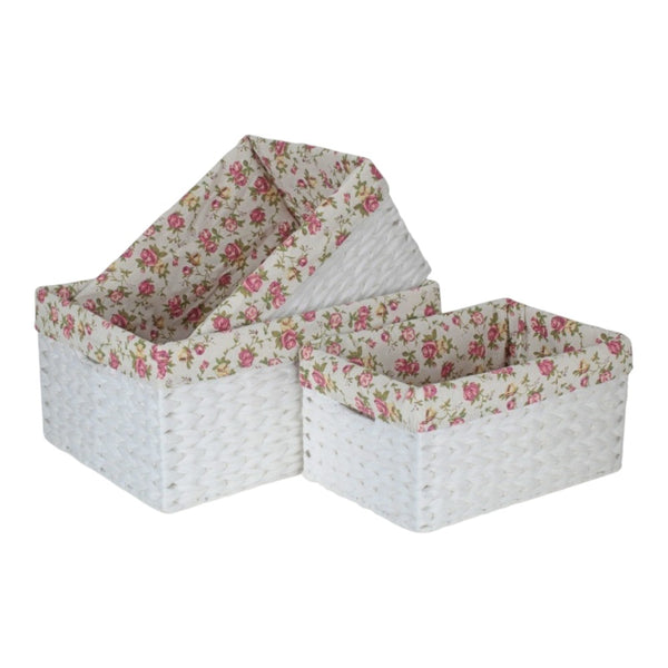White Paper Rope Rectangular Storage Basket with Garden Rose Cotton Lining