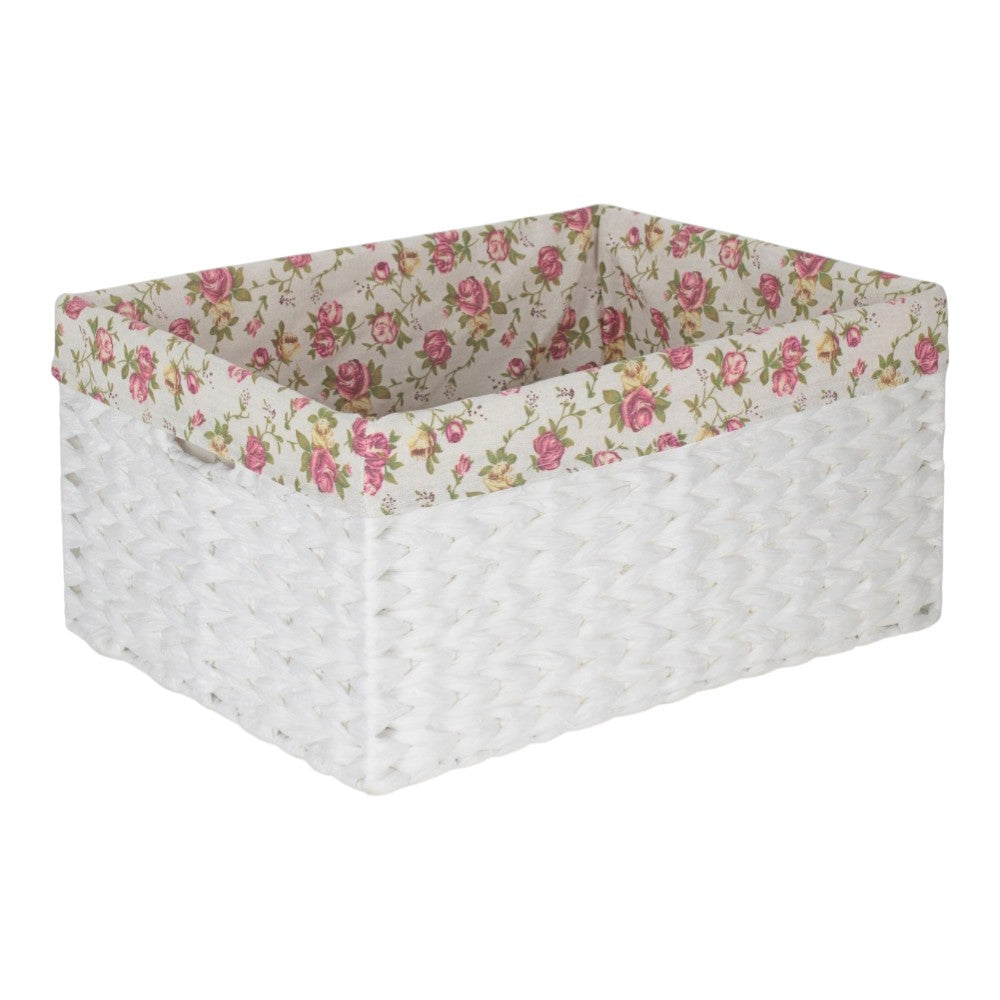 White Paper Rope Rectangular Storage Basket with Garden Rose Cotton Lining