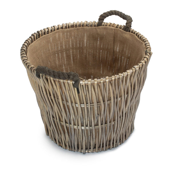 Round Grey Hessian Lined Wicker Log Basket