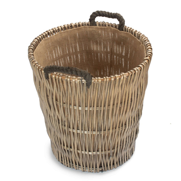 Tall Grey Round Hessian Lined Wicker Log Basket