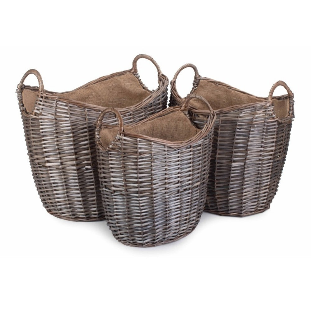 Panier à bûches en osier doublé de toile de jute à lavage antique à col rond