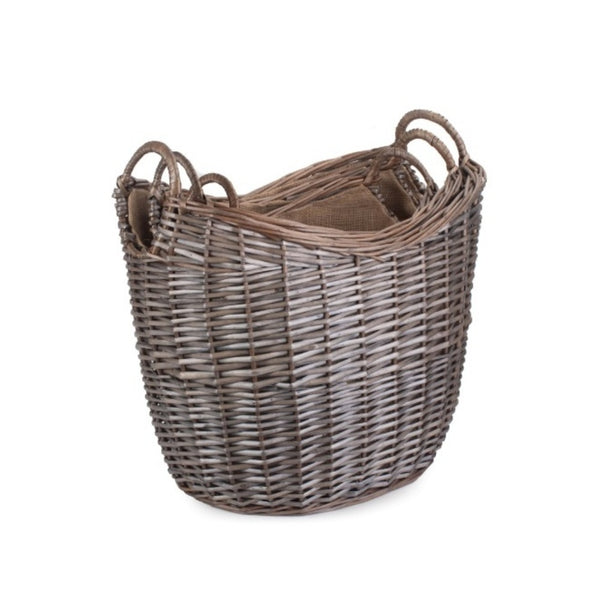 Scoop Neck Antique Wash Hessian Lined Wicker Log Basket