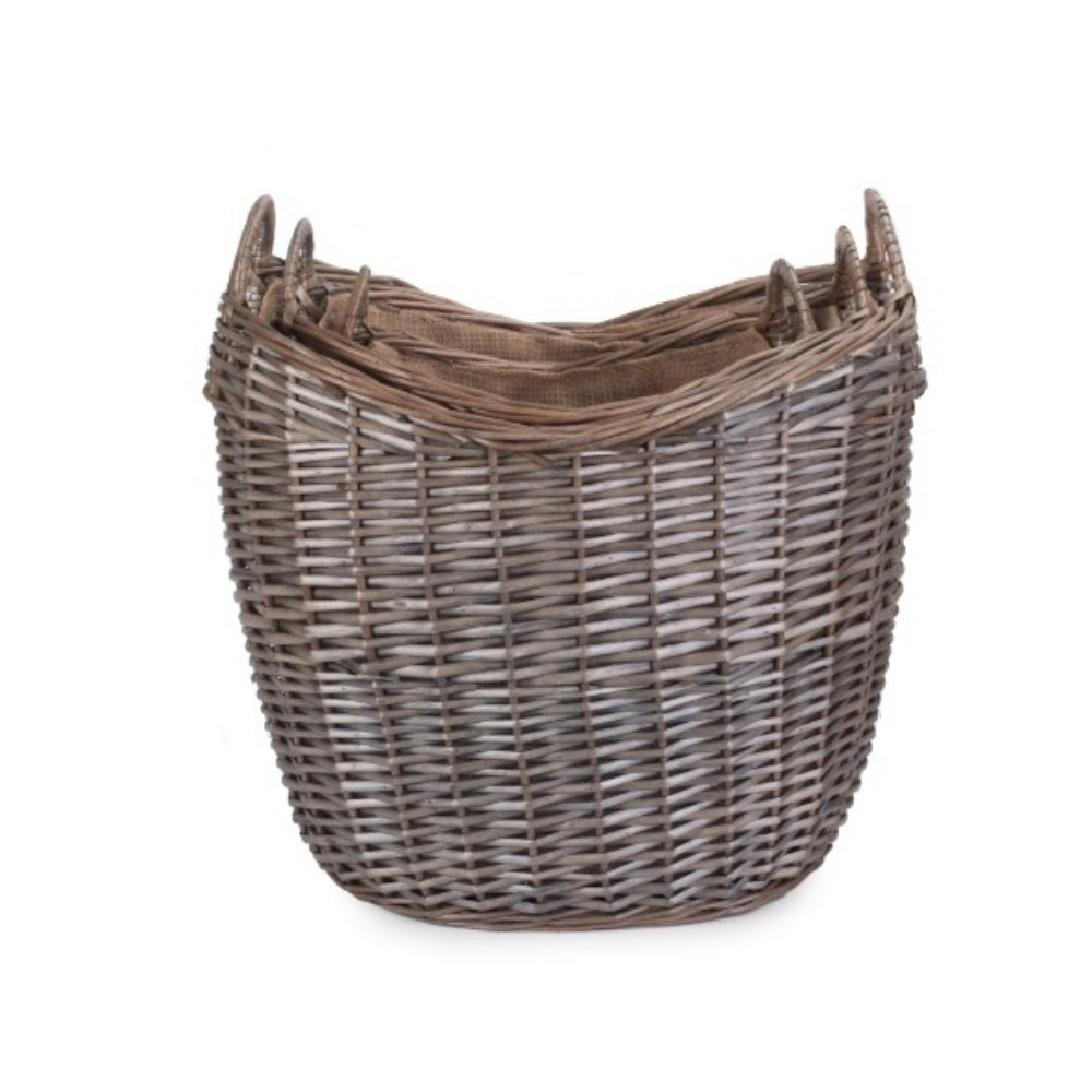 Panier à bûches en osier doublé de toile de jute à lavage antique à col rond