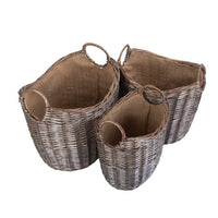 Panier à bûches en osier doublé de toile de jute à lavage antique à col rond