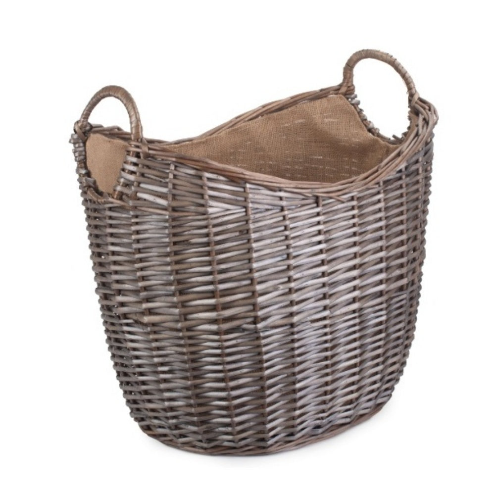 Panier à bûches en osier doublé de toile de jute à lavage antique à col rond