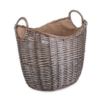 Panier à bûches en osier doublé de toile de jute à lavage antique à col rond