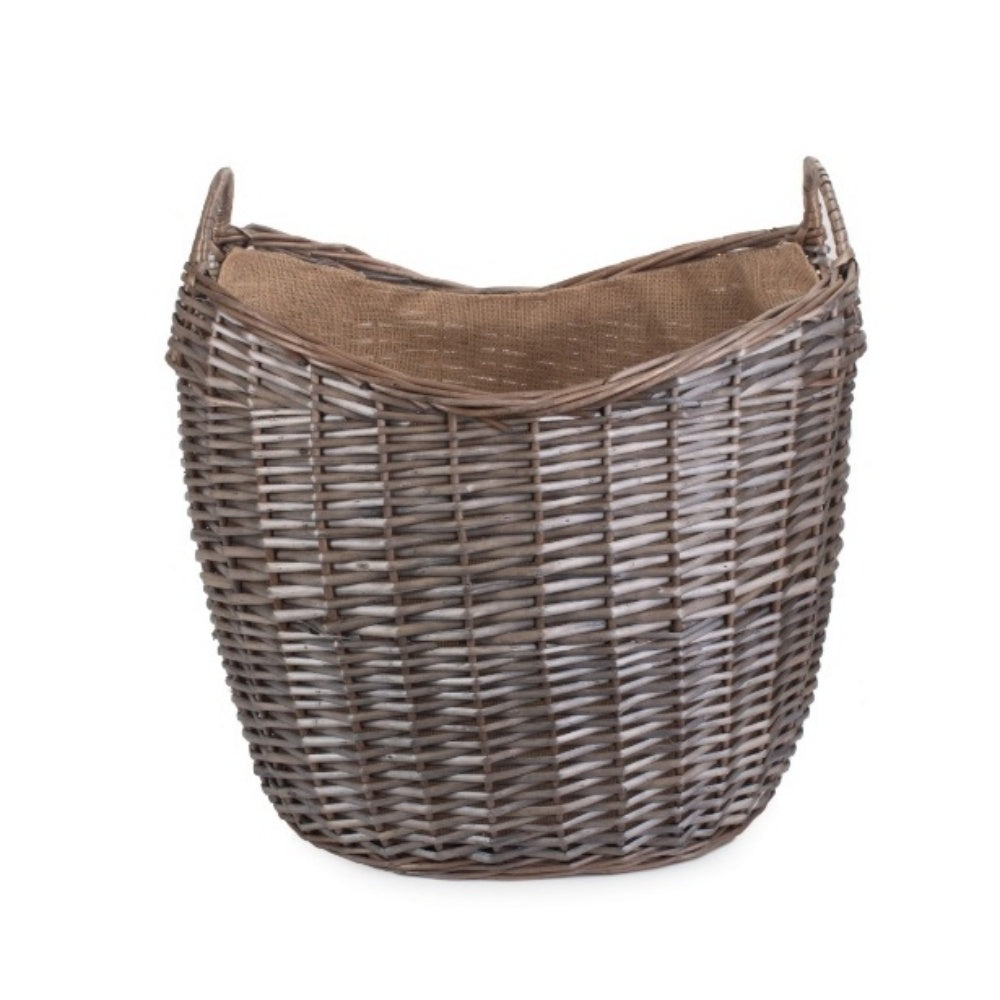 Panier à bûches en osier doublé de toile de jute à lavage antique à col rond