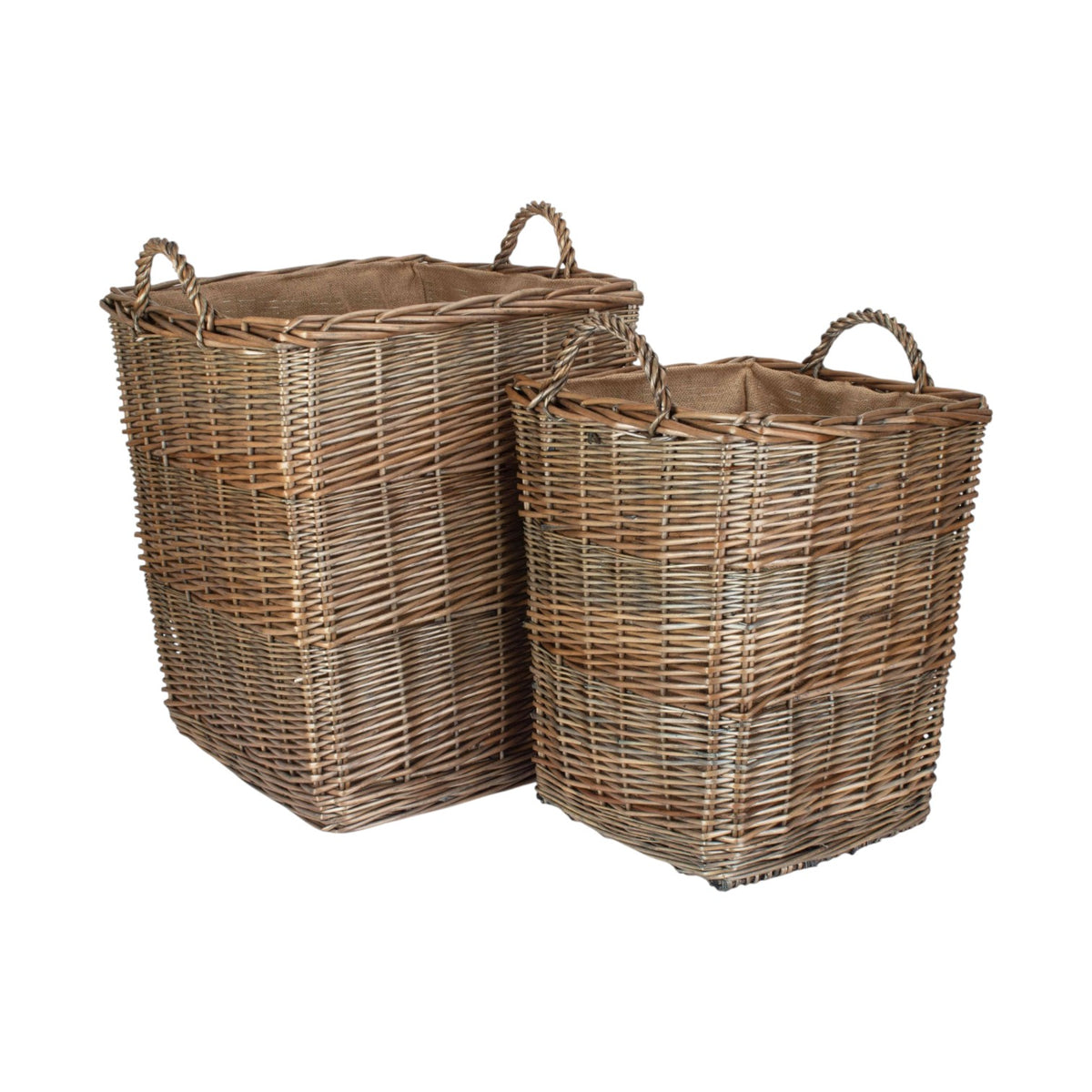 Tall Square Lined Wicker Log Basket With Hessian Lining