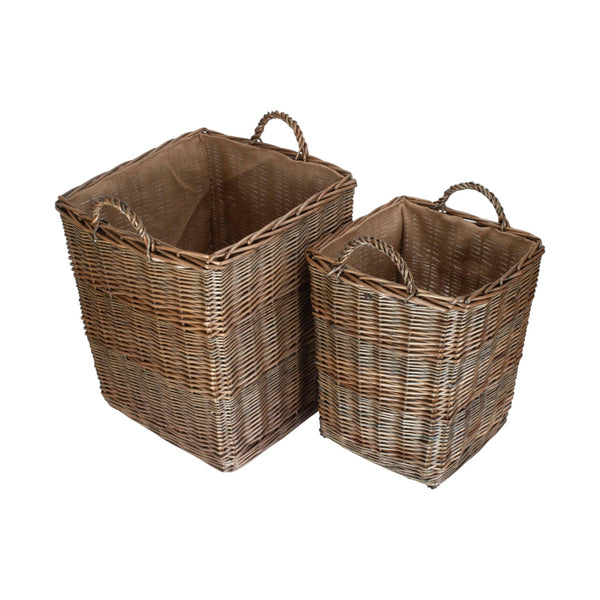 Tall Square Lined Wicker Log Basket With Hessian Lining
