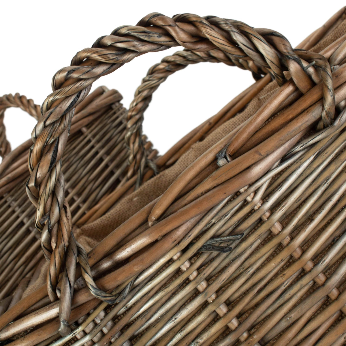 Tall Square Lined Wicker Log Basket With Hessian Lining