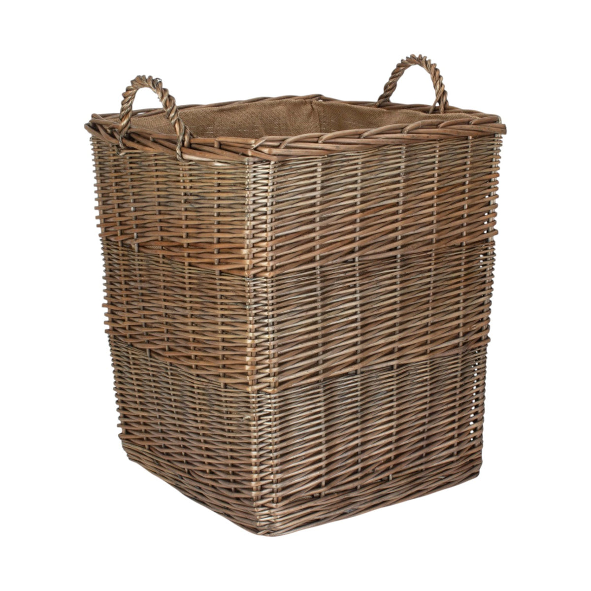Tall Square Lined Wicker Log Basket With Hessian Lining