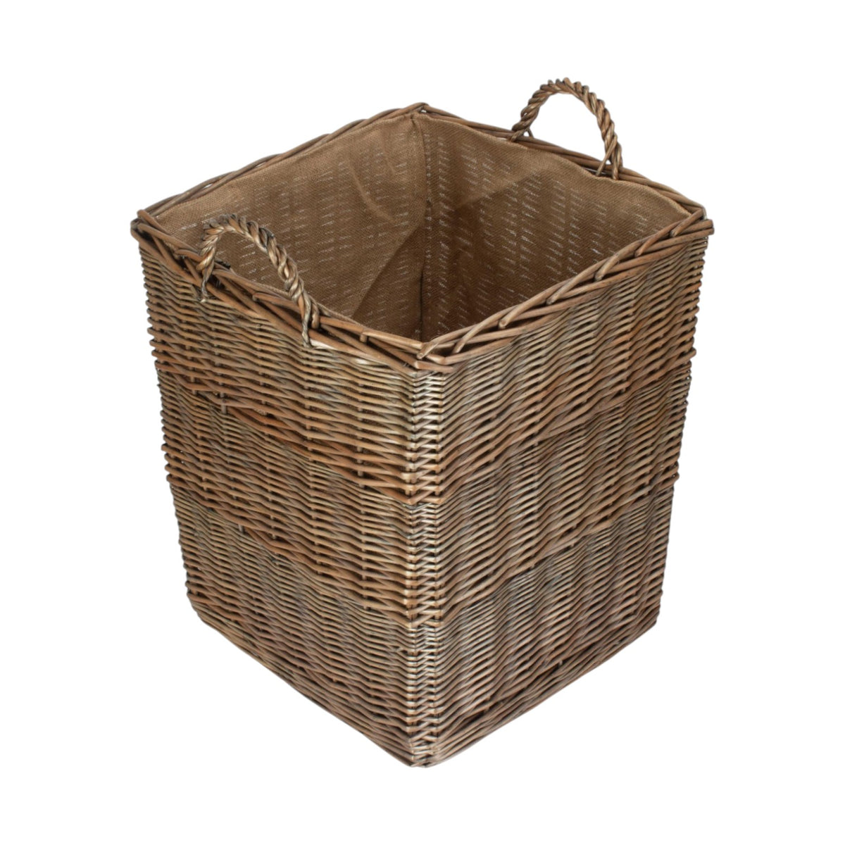 Tall Square Lined Wicker Log Basket With Hessian Lining
