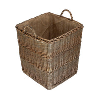 Tall Square Lined Wicker Log Basket With Hessian Lining
