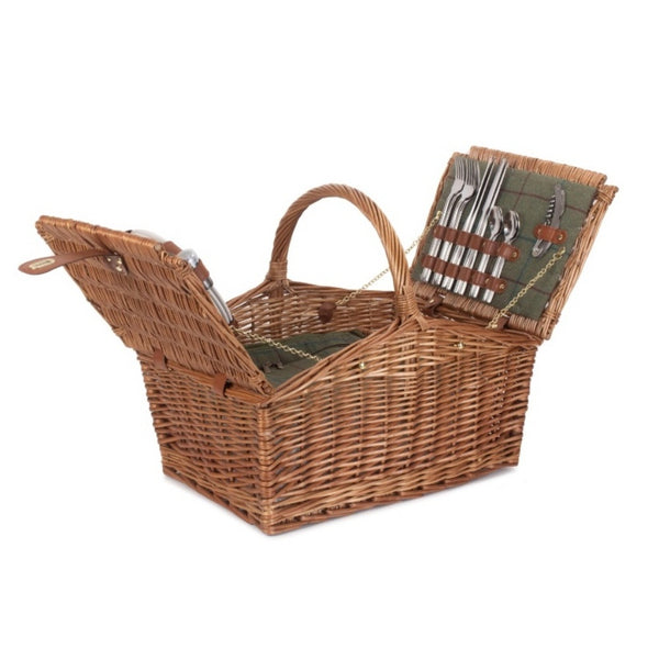 4 Person Green Tweed Double Lidded Fitted Wicker Picnic Basket