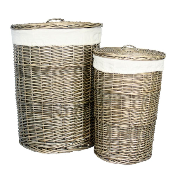 Red Hamper Antique Wash Round White Cotton Lined Laundry Basket