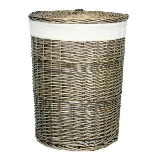 Red Hamper Antique Wash Round White Cotton Lined Laundry Basket
