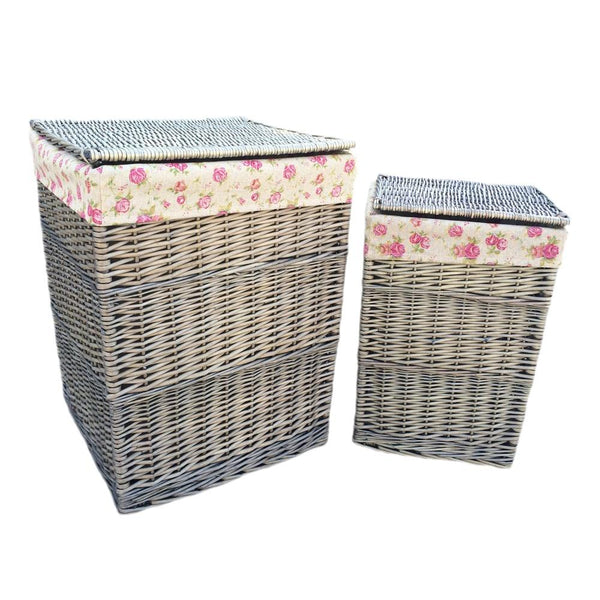 Red Hamper Antique Wash Square Garden Rose Cotton Lined Laundry Basket