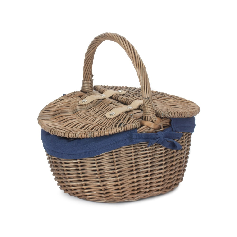 Petit panier de pique-nique ovale à double couvercle et lavage antique