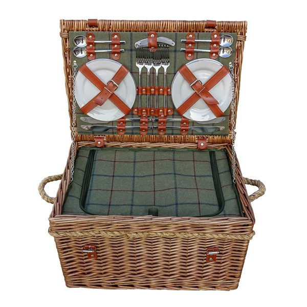 Red Hamper Burghley 4 Person Green Tweed Fitted Wicker Picnic Basket