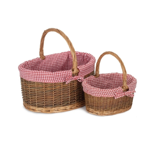 Red Checked Lined Country Oval Wicker Shopping Basket