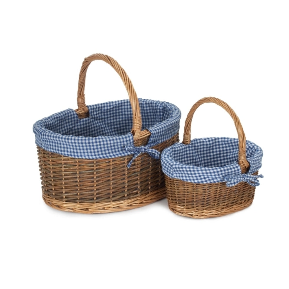 Blue Checked Lined Country Oval Wicker Shopping Basket