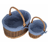 Blue Checked Lined Country Oval Wicker Shopping Basket